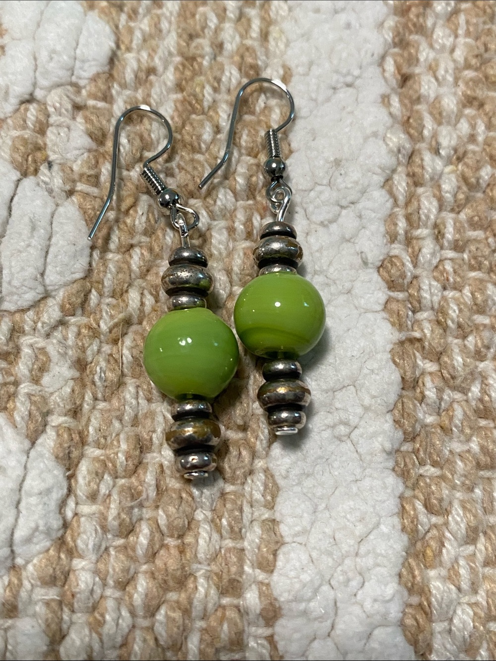 Lime Glass Bead Drop Earrings with Silver-Tone Accents